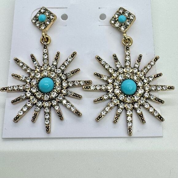 NEW Adornia Turquoise Swarovski Crystals Starburst Earrings 14K Gold Plated - Picture 2 of 5